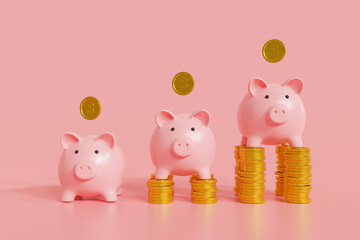Piggy bank and golden stack coins of growing graph on pink background 3D rendering.