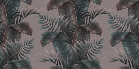 Tropical foggy palm leaves background. Hand drawing 3d illustration. Tropical leaves wallpaper. Green color palette. Great for fabric, wallpaper, paper design, goods