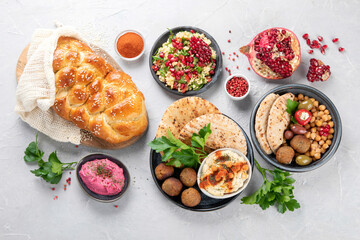 Jewish food on light background.