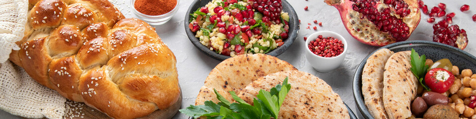 Jewish food on light background.