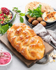 Jewish food on light background.