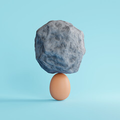 Stone put on egg on blue background. 3d rendering.