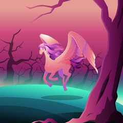Beautiful Pegasus Winged Horse Fly Landing on Dark Forest Epic Illustration