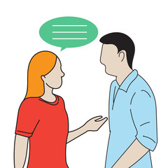 flat two young male and female startup founders have a talking. chat bubble concept vector background