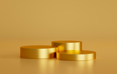 Gold cylinder podium in gold background, Scene to show cosmetic product presentation. 3D rendering.