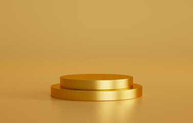Gold cylinder podium in gold background, Scene to show cosmetic product presentation. 3D rendering.