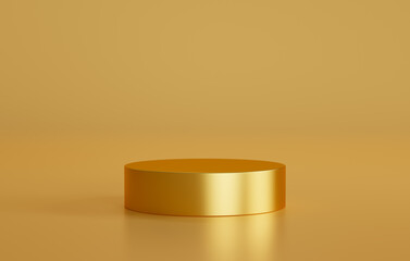 Gold cylinder podium in gold background, Scene to show cosmetic product presentation. 3D rendering.