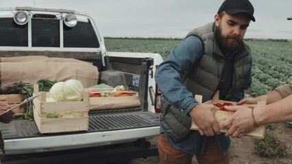 Medium shot of young man buying vegetables at farmers loading boxes into pickup truck, young adult woman making notes in checklist