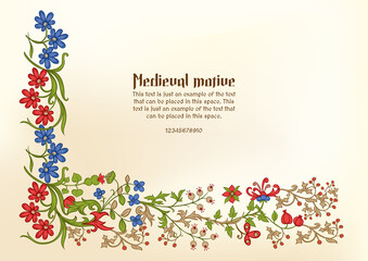 Floral vintage Medieval illuminati manuscript inspiration. Romanesque style. Template for greeting card, banner, gift voucher, label. Vector illustration.