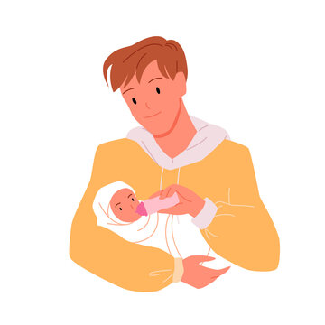 Happy young father feeding his newborn baby with milk bottle. Holding toddler in hands, daddy parenting activities, nursing and baby alimentation cartoon vector illustration