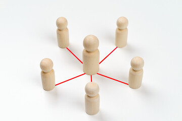 Obraz premium Wooden peg dolls are connected together with red lines on white background. Teamwork, Leadership, Business, human resource management Concept.