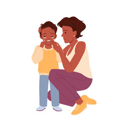 Upset mother wiping child tears and calming down. Mum taking care by supporting and showing affectionate parenting feeling, childhood problems cartoon vector illustration