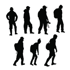 Silhouettes of male travelers going to the mountains, with backpacks, vector