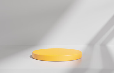 Yellow cylinder stage podium display product on gray background. abstract minimal scene with geometric forms. 3D rendering.