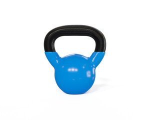 Naklejka na ściany i meble Blue kettlebell isolated on white background, Sport training and lifting concept, 3D illustration.