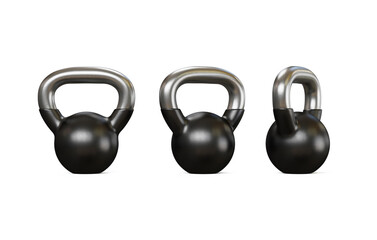 Naklejka na ściany i meble Black kettlebell isolated on white background three view point, Sport training and lifting concept, 3D illustration.