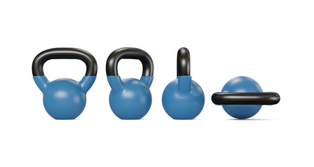 Naklejka na ściany i meble Blue kettlebell isolated on white background four view point, Sport training and lifting concept, 3D illustration.