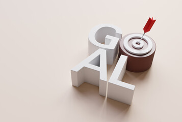 Rad arrow hit the center of target with goal text on brown background, 3D rendering.