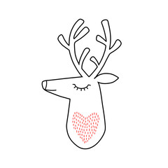 Deer head portrait. Stylized drawing reindeer in simple scandi style. Nursery scandinavian art. Black and white vector illustration - 484571490