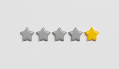 Gray and yellow five stars rating, 3D rendering.