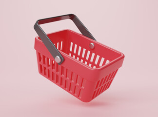 Empty red shopping basket on red background, 3D rendering.