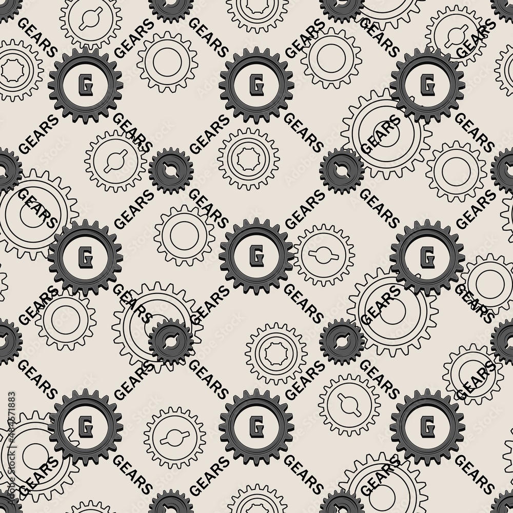 Aufkleber seamless staggered geometric pattern with diagonal grid with grey gears and text. linear gears behin