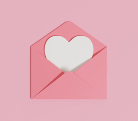 White heart card in pink envelope on colorful background, 3D rendering
