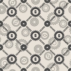 Seamless staggered geometric pattern with diagonal grid with grey gears and text. Linear gears behind on a white background. Steampunk style.