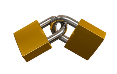 Two linked brass metallic padlocks isolated on white background 3D rendering.