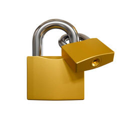 Two linked yellow metallic padlocks isolated on white background 3D rendering.