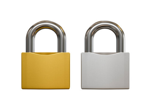 Locked brass and silver padlock isolated on white background 3D rendering.
