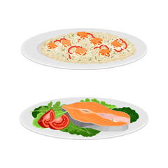 Tasty seafood dishes set. Seafood risotto and salmon fish served on plates with vector illustration