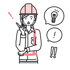 立って素晴らしいアイデアをひらめいた工事現場の女性 フキダシに電球と感嘆符のセット
