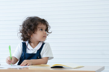 Little Caucasian cute kid girl writing or drawing on book in living room at home. White background