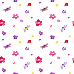 Watercolor pattern of flowers, bees, ladybugs and hearts