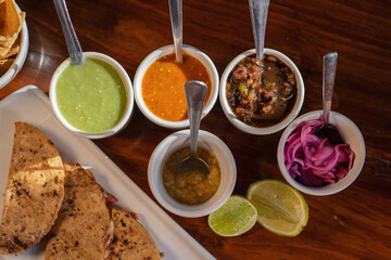 Mexican colorful salsas top view