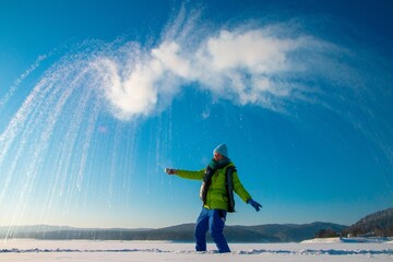 boiling water in the cold, happy woman on a walk in winter,