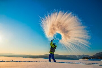 boiling water in the cold, happy woman on a walk in winter,