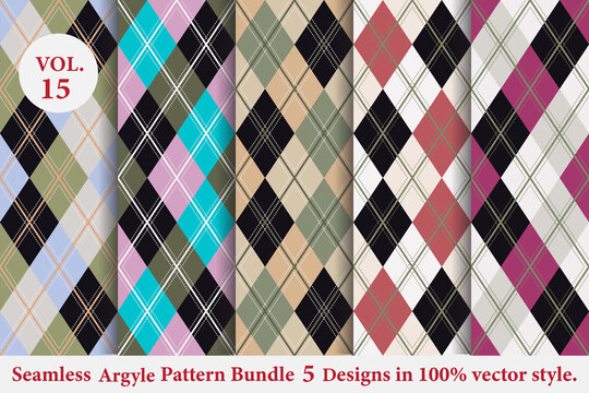 Argyle Pattern Bundle 5 designs Vol.15,Argyle vector,geometric, background,wrapping paper,Fabric texture,Classic Knitted,plaid

