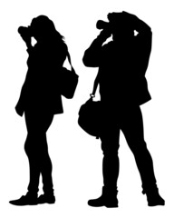 Young people holds a camera in her hand. Isolated silhouettes of people on a white background