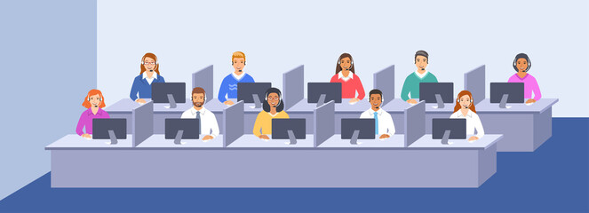 Call center customer care operators team with headsets at the desks in office. Flat vector illustration. Customer support service agents, men and women, talking with clients. Contact center assistants