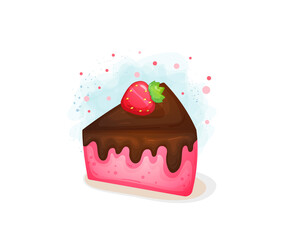 Cute strawberry chocolate cake slices. Delicious cakes in hand drawn style