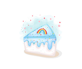 Cute blue cake slices with rainbow candy topping. Delicious cakes in hand drawn style