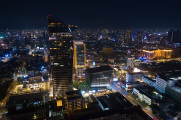 Top View of Building in a City - Aerial view Skyscrapers flying by drone of Phnom Penh city with downtown , riverside and sunset