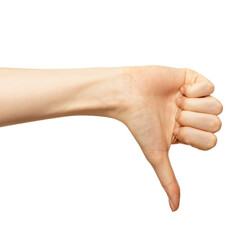 Hand show dislike or negative isolated on white. Female thumb show sign disapproval or unlike closeup. Women palm finger demonstrated down