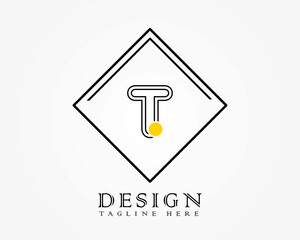 Logo design template with letter T of the alphabet in a box with yellow rounded marks.