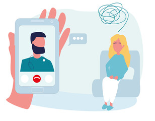 A woman visits an online psychologist's office. Online individual psychological therapy and counseling. Psychotherapy session. Mental health and psychology. Psychiatric consultation. Flat cartoon