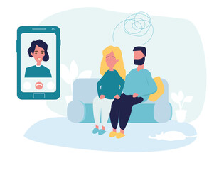 Family therapy session. A man and a woman on remote psychotherapy at a psychologist's appointment. The concept of helping,solving family problems.The couple visits an online psychologist. Flat cartoon
