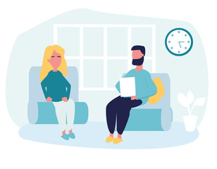 Flat psychologist office, patient. Individual psychological therapy and psychological counseling.Psychotherapy session. Mental health, health care and psychology. Psychiatric consultation.Flat cartoon