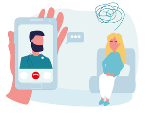 A woman visits an online psychologist's office. Online individual psychological therapy and counseling. Psychotherapy session. Mental health and psychology. Psychiatric consultation. Flat cartoon